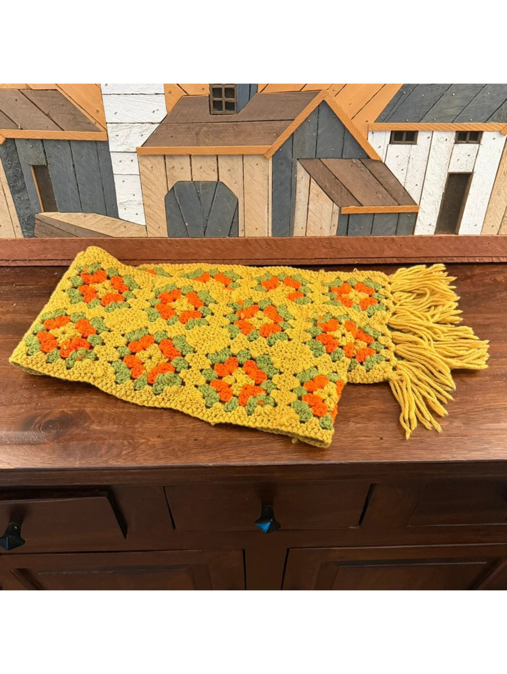 Retro Handmade Crochet Granny Square Scarf Mustard Yellow Boho Winter